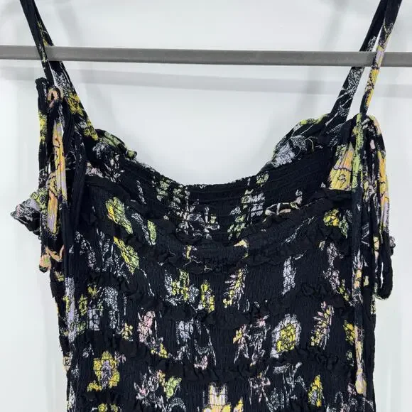 Free People Isla Midi Dress S Black Dark Floral Ruched Tiered Sundress Boho - Picture 4 of 8